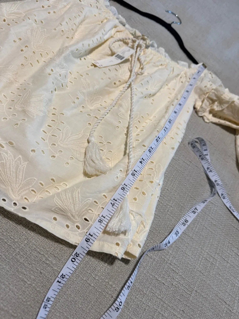Anthropologie Cream Eyelet Off-Shoulder Peasant Blouse with Tassel